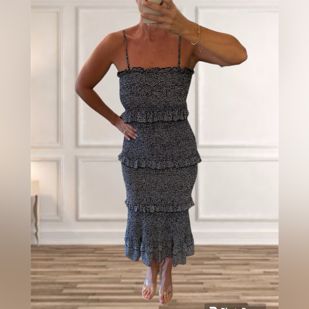 Navy Blue & White Print Ruffle Dress